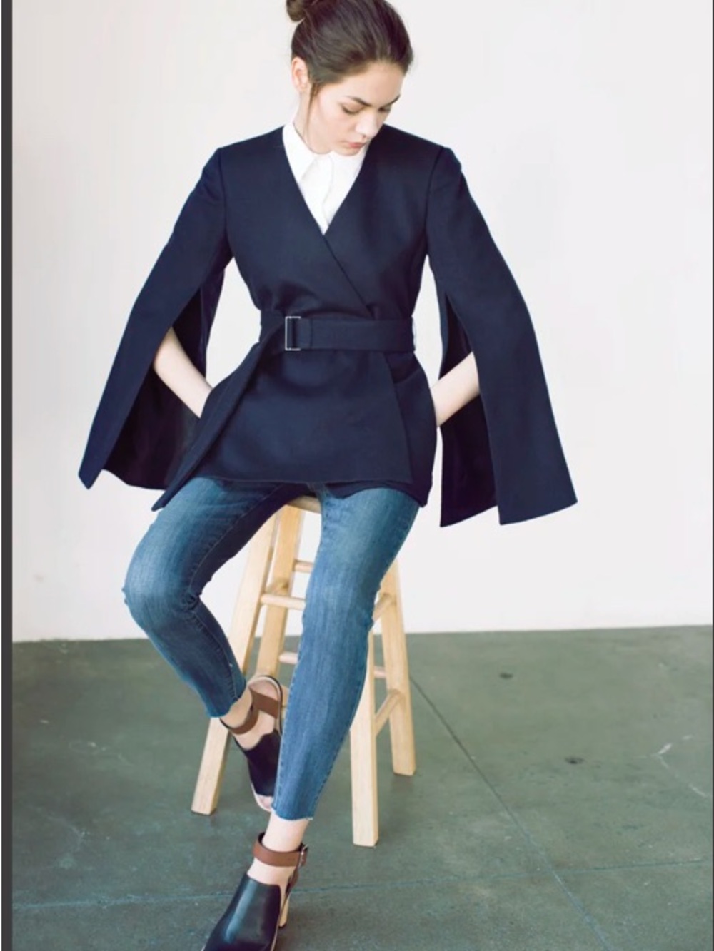 COSETTE Navy 100% Wool Belted Open Front Jacket Blazer Coat Medium M